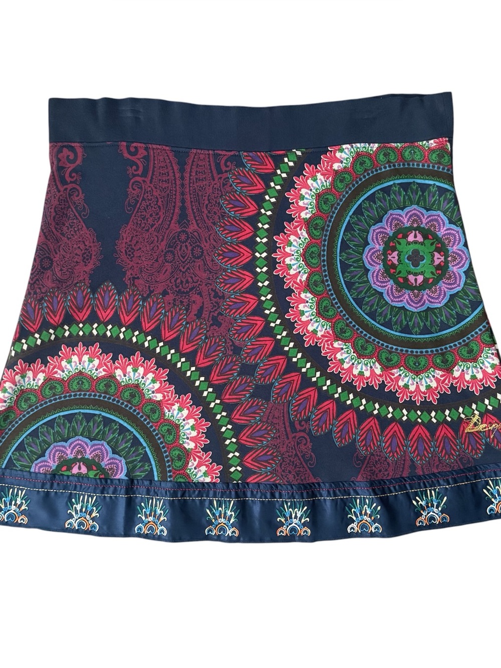 Desigual Navy Blue Knit Mandala Satin Embroidered Trim Mini A Line Skirt XL